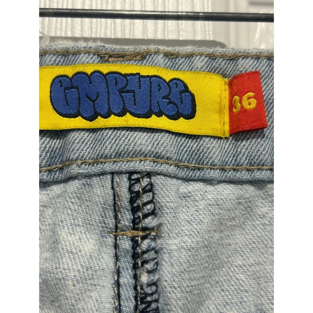 Empyre Mens Distressed Cargo Jeans Light Wash Spray Can Patch Size 36 Loose Fit - Picture 3 of 8